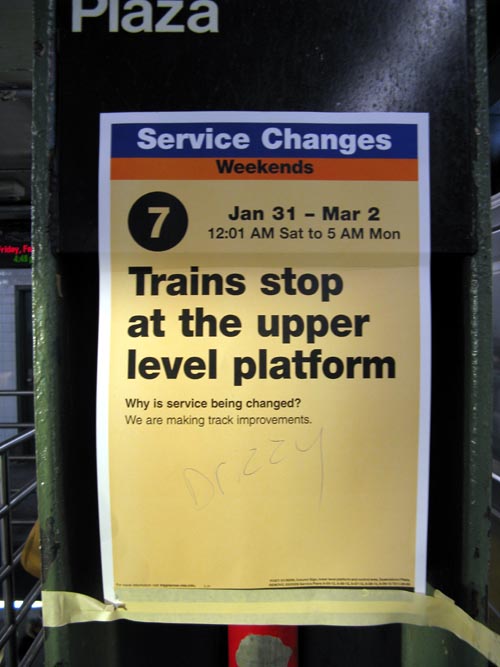 7 Train Detour Notice, Queensboro Plaza Subway Station, Long Island City, Queens, February 6, 2009