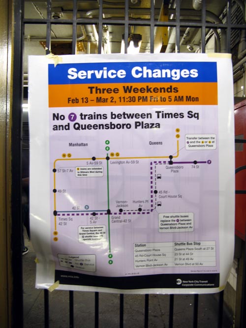 Service Change Notice, Vernon Boulevard-Jackson Avenue 7 Train Station, Hunters Point, Long Island City, Queens, February 19, 2009