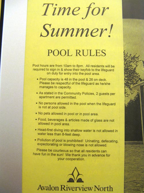 Time For Summer! Pool Rules, Elevator, Avalon Riverview North, 4-75 48th Avenue, Hunters Point, Long Island City, Queens, May 31, 2009