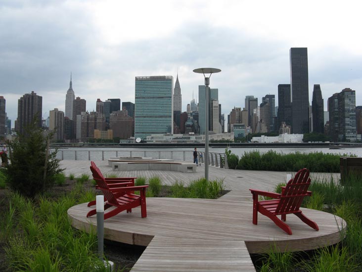 Adirondack Chairs and Manhattan Skyline From North Recreation and Interpretive Area, Gantry Plaza State Park, Hunters Point, Long Island City, Queens, July 11, 2009