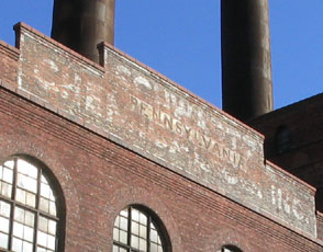Ghost of "Pennsylvania" from "Pennsylvania Railroad" Visible in Sunlight, Schwartz Chemical Company Building (Former Pennsylvania Railroad Generating Plant), 2nd Street Between 50th and 51st Avenues, Hunters Point, Long Island City, Queens, March 13, 2004