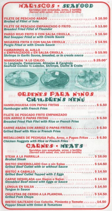 Izalco Seafood, Meats and Childrens Menu