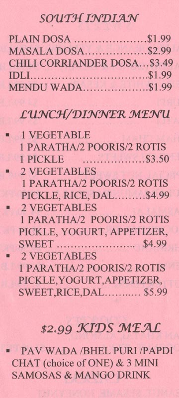 Rajbhog South Indian Dishes, Lunch/Dinner Menu and $2.99 Kids Meals