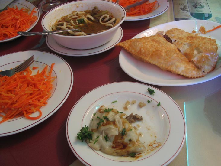 Korean Carrot Salad, Lagman Soup, Cheburekes, Uzbek Mantu Dumplings, Salute Kosher Restaurant, 63-42 108th Street, Forest Hills, Queens