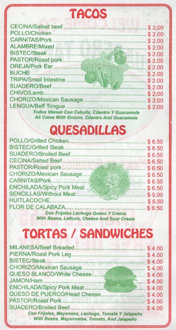 Suadero Tacos, Quesadillas and Tortas