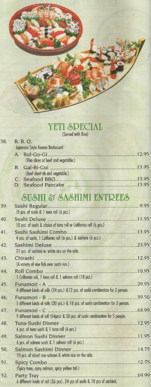 Yeti of Hieizan Yeti Specials and Sushi & Sashimi Dishes