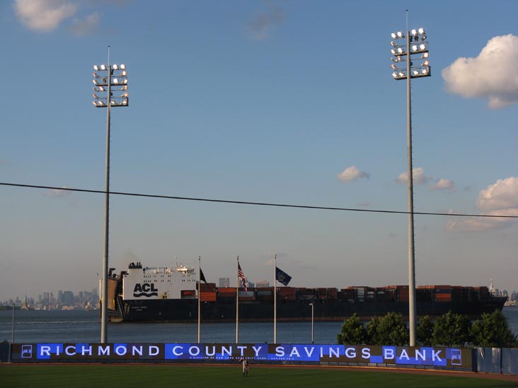 Passing Freighter, New York Harbor Behind Richmond County Bank Ballpark at St. George, Staten Island, July 18, 2009
