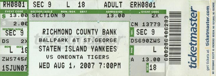 Ticket, Staten Island Yankees vs. Oneonta Tigers, Richmond County Bank Ballpark at St. George, Staten Island, August 1, 2007