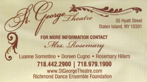 Business Card, St. George Theatre, 35 Hyatt Street, St. George, Staten Island