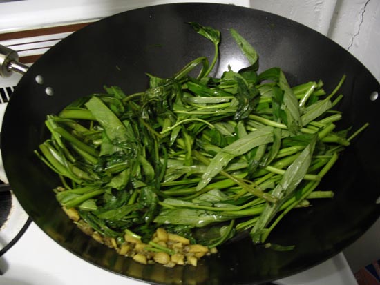 Water Spinach (Hollow Vegetables) in Wok