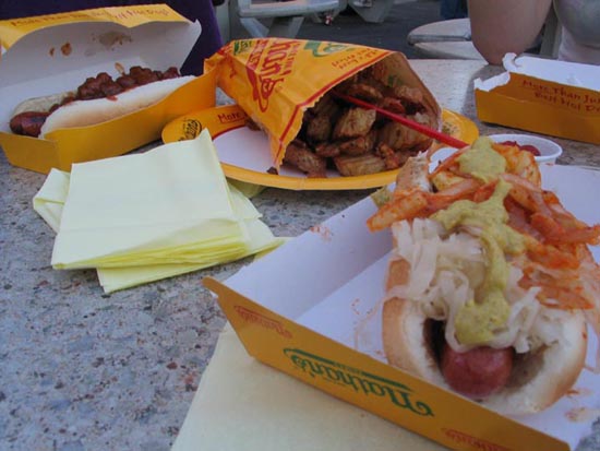 Chili Dog, French Fries and Regular Dog with Sauerkraut, Nathan's Famous Hot Dogs, 1310 Surf Avenue, Coney Island, Brooklyn