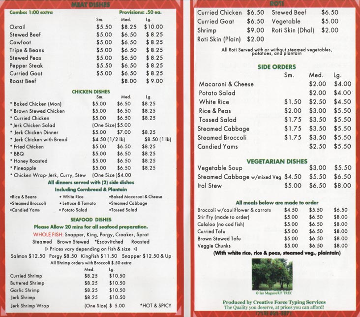 Feeding Tree Meat Dishes, Chicken Dishes, Seafood Dishes, Roti, Side Orders and Vegetarian Dishes