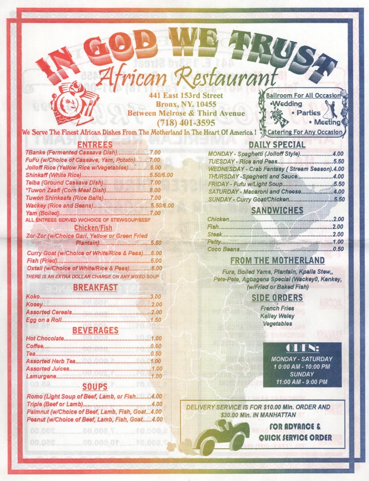 In God We Trust African Restaurant, 441 East 153rd Street, Bronx