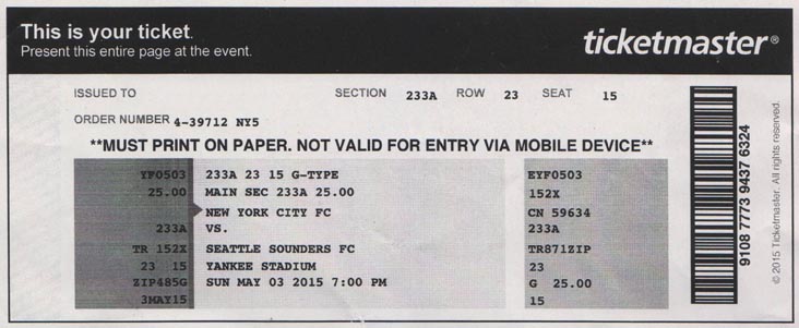 Ticket, NYCFC vs. Seattle Sounders, Yankee Stadium, The Bronx, May 3, 2015