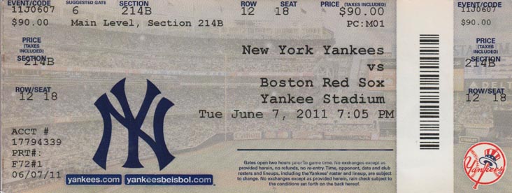 Ticket, New York Yankees vs. Boston Red Sox (Section 214), Yankee Stadium, The Bronx, June 7, 2011