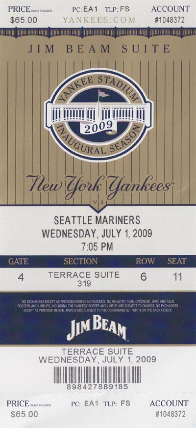 Ticket, New York Yankees vs. Seattle Mariners (Terrace Suite Section 319), New Yankee Stadium, The Bronx, July 1, 2009