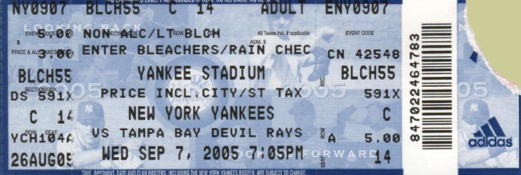 New York Yankees vs. Tampa Bay Devil Rays Ticket Stub, September 7, 2005 (Yankees Win 5-4)