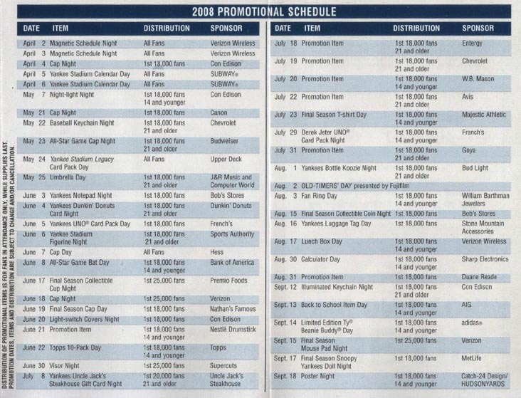 2008 Promotional Schedule, Yankees 2008 Official Pocket Schedule
