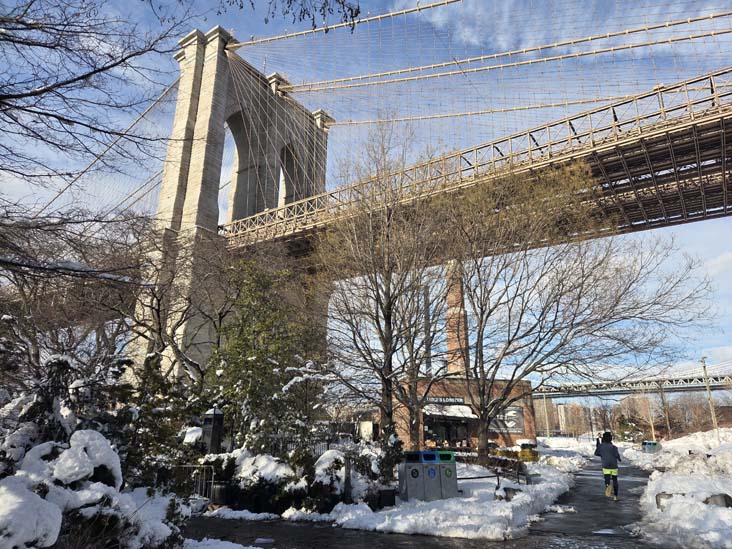 Brooklyn Bridge and Smokestack Building, Roebling Plaza, Brooklyn Bridge Park, Brooklyn, February 24, 2026