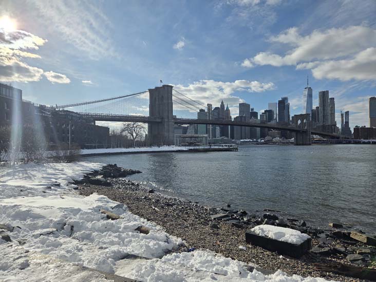 Brooklyn Bridge and Lower Manhattan From Pebble Beach, Main Street, Brooklyn Bridge Park, Brooklyn, February 24, 2026