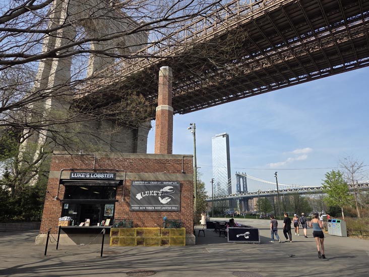 Brooklyn Bridge and Smokestack Building, Roebling Plaza, Brooklyn Bridge Park, Brooklyn, April 16, 2026
