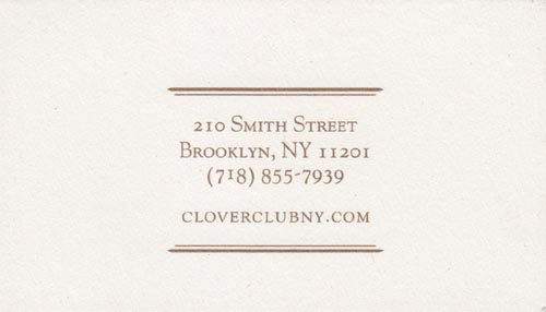 Business Card, Clover Club, 210 Smith Street, Carroll Gardens, Brooklyn