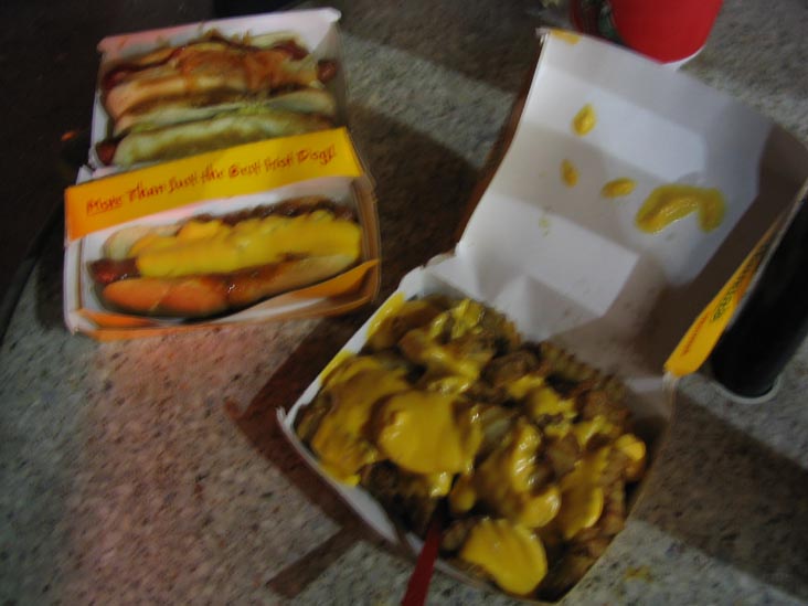 Two Hot Dogs, Chili Cheese Dog and Cheese Fries, Nathan's, Coney Island, Brooklyn, July 9, 2004