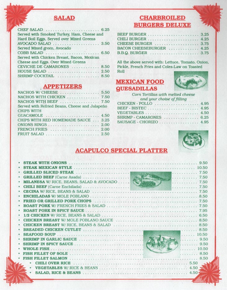 Acapulco Deli & Restaurant Salads, Burgers, Appetizers, Quesadillas and Special Platters