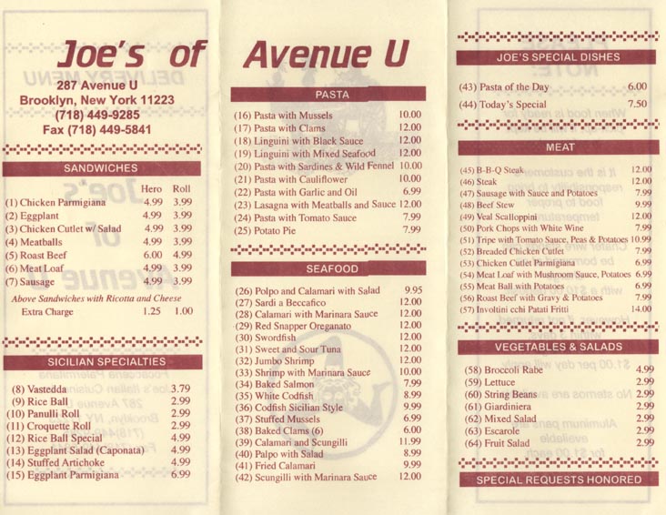 Joe's of Avenue U Menu