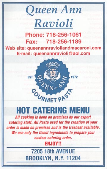 Queen Ann Ravioli Hot Catering Menu, 7205 18th Avenue, Bensonhurst, Brooklyn