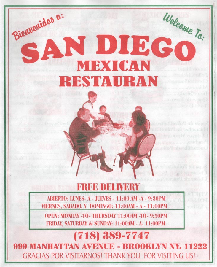 San Diego Mexican Restaurant Menu, 999 Manhattan Avenue, Greenpoint