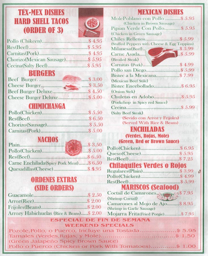 San Diego Hard Shell Tacos, Burgers, Chimichangas, Nachos, Sides, Mexican Dishes, Enchiladas, Mariscos and Weekend Specials