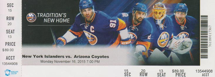 New York Islanders vs. Arizona Coyotes, Barclays Center, Prospect Heights, Brooklyn, November 16, 2015