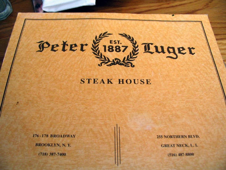 Menu, Peter Luger Steak House, 176-178 Broadway, Williamsburg, Brooklyn