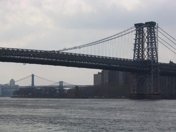 Williamsburg Bridge, Manhattan Bridge and Brooklyn Bridge From Grand Ferry Park, Williamsburg, Brooklyn, February 21, 2004