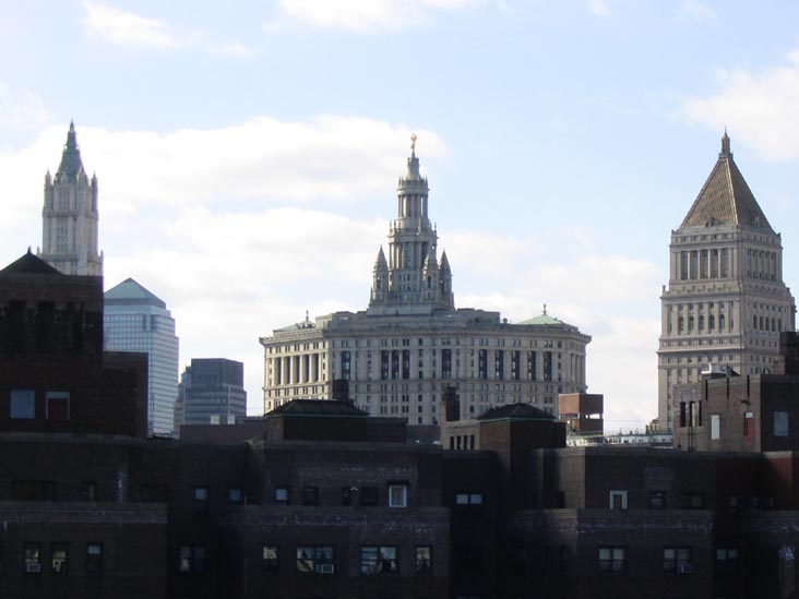 Lower Manhattan from the Manhattan Bridge: Woolworth Building, Municipal Building, U.S. Courthouse