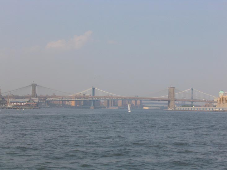 Brooklyn, Manhattan and Williamsburg Bridges from Upper New York Bay (New York Harbor)