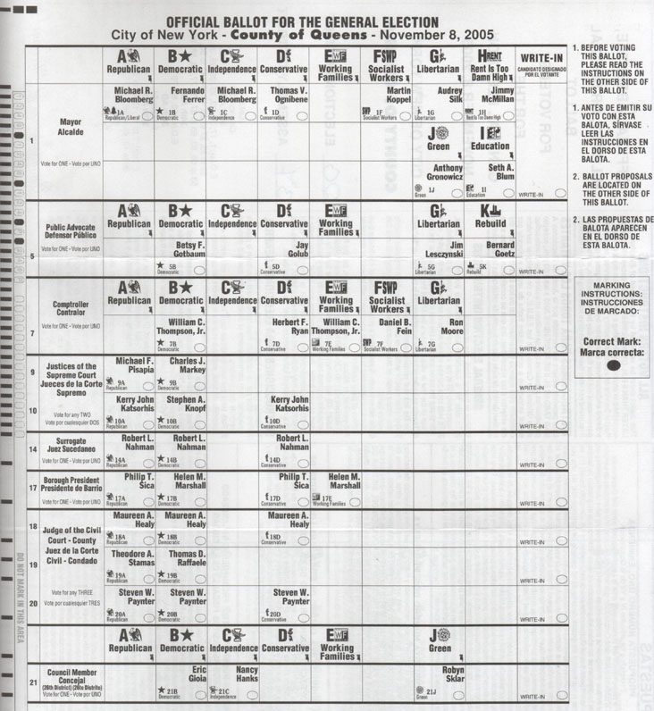 General Election Ballot for Queens County, November 8, 2005