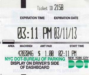 NYC DOT Bureau of Parking Meter Receipt, March 11, 2013