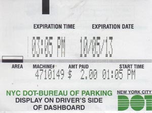 NYC DOT Bureau of Parking Meter Receipt, October 5, 2013