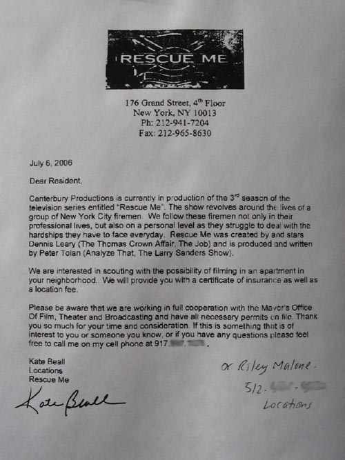 Location Scout Flier, Vernon Boulevard, Hunters Point, Long Island City, Queens, July 12, 2006