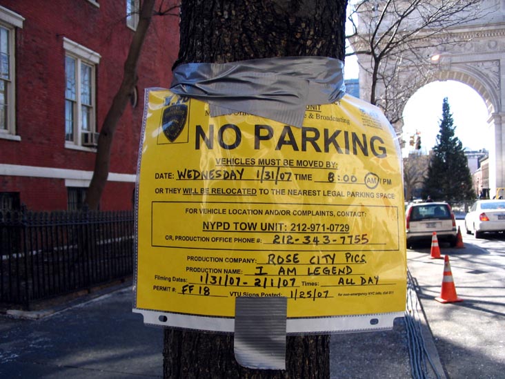 "I Am Legend" Vehicle Towing Unit Notice, Fifth Avenue North of Washington Square Park, January 31, 2007