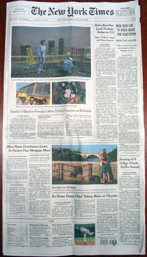 New York Times New Reduced Size, August 6, 2007 Edition