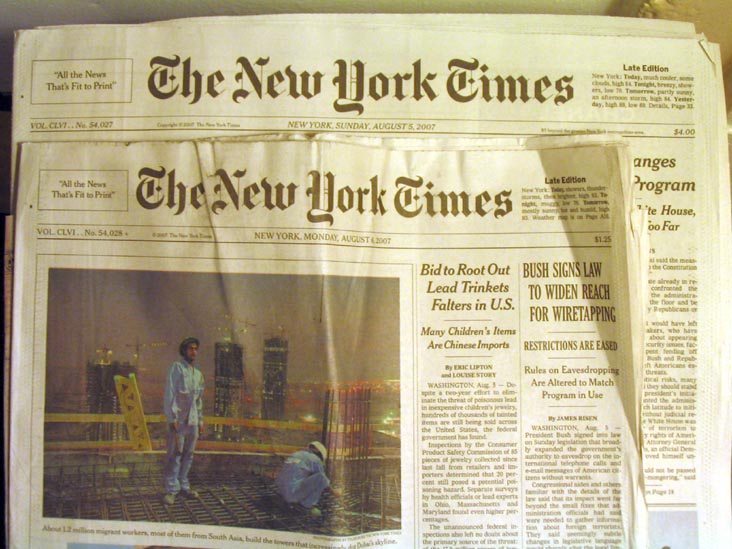 New York Times New Reduced Size, August 6, 2007 Edition, August 5, 2007 Edition Behind