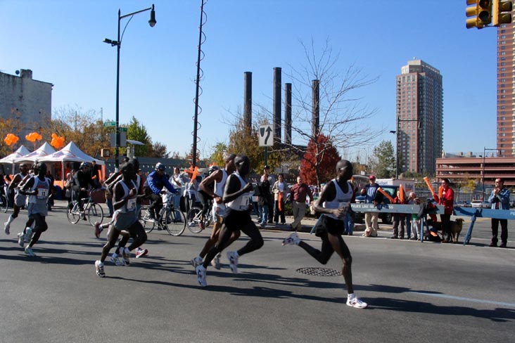 Lead Men Runners, New York City Marathon, Vernon Boulevard and 48th Avenue, Hunters Point, Long Island City, Queens, November 7, 2004