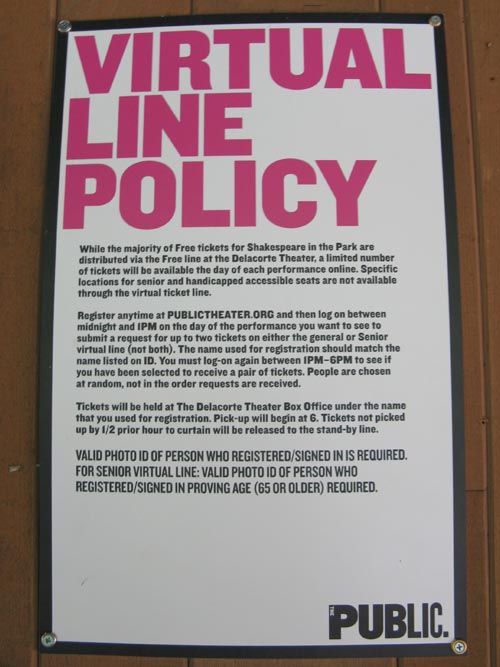 Virtual Line Policy Notice, Delacorte Theater, Central Park, Manhattan, July 7, 2009