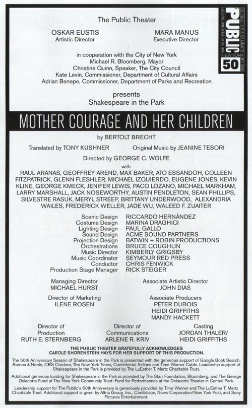 Mother Courage Playbill, Shakespeare in the Park, Delacorte Theater, Central Park, Manhattan
