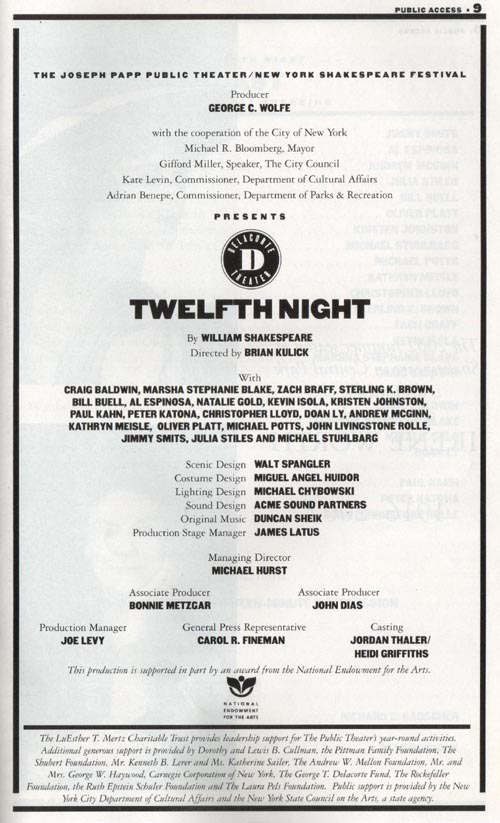 Twelfth Night Stagebill, Shakespeare in the Park, Delacorte Theater, Central Park, Manhattan