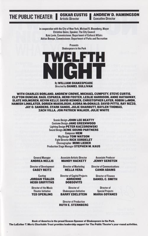 Twelfth Night Stagebill (Summer 2009), Shakespeare in the Park, Delacorte Theater, Central Park, Manhattan
