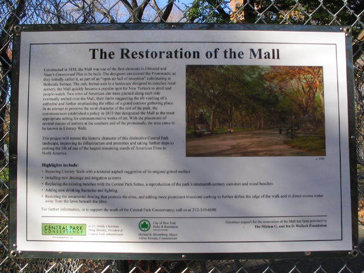 The Resoration of the Mall Informational Sign, The Mall, Central Park, Manhattan, November 17, 2005